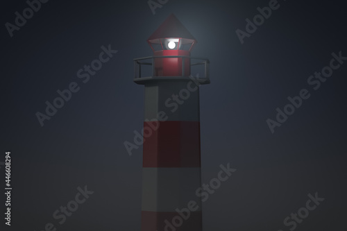 Tower of nautical lighthouse on foggy night
