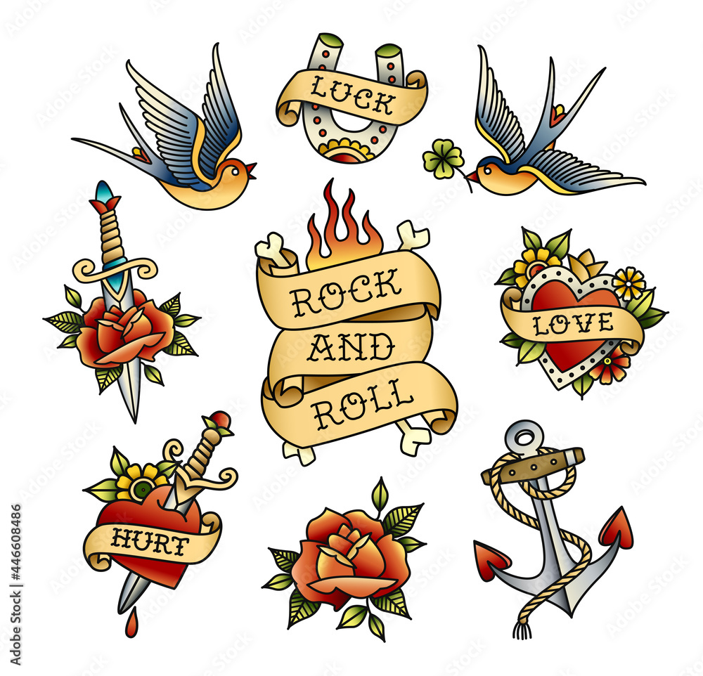 Old school traditional tattoo stickers collection on white background.  Traditional tattoo symbols and rockabilly elements set of swallow bird,  anchor, heart, rose Stock Vector | Adobe Stock