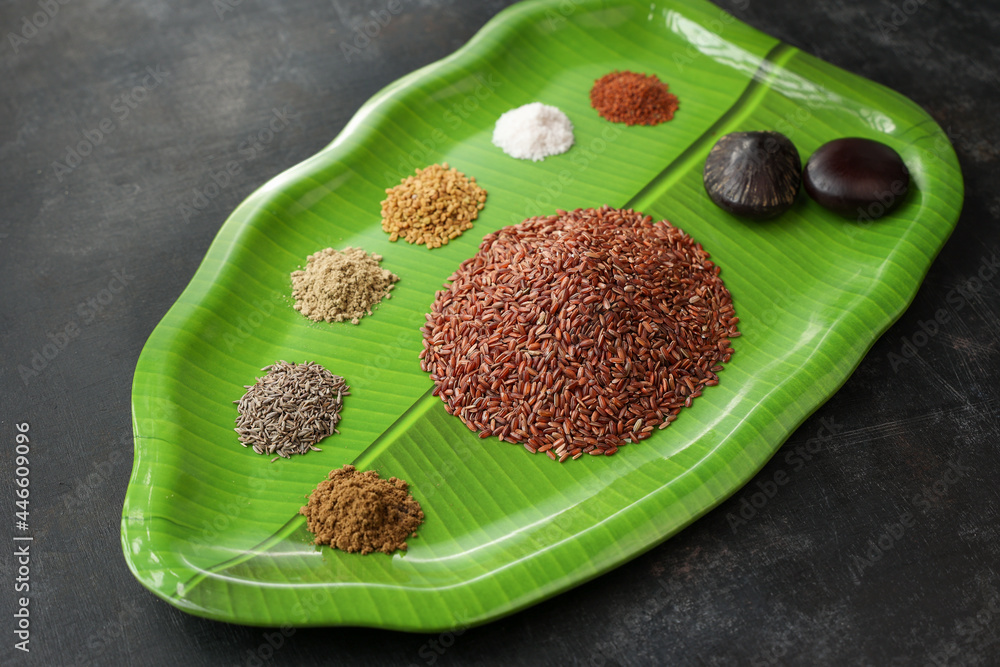 Ayurvedic porridge Karkidaka Kanji herbal gruel ingredients banana leaf