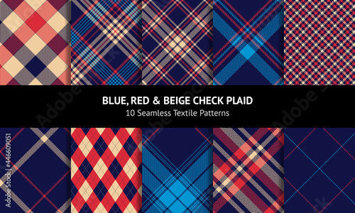 Tartan plaid pattern set in navy blue, red, beige. Seamless textured check vector graphics for spring autumn winter flannel shirt, skirt, jacket, coat, dress, other modern fashion fabric print.