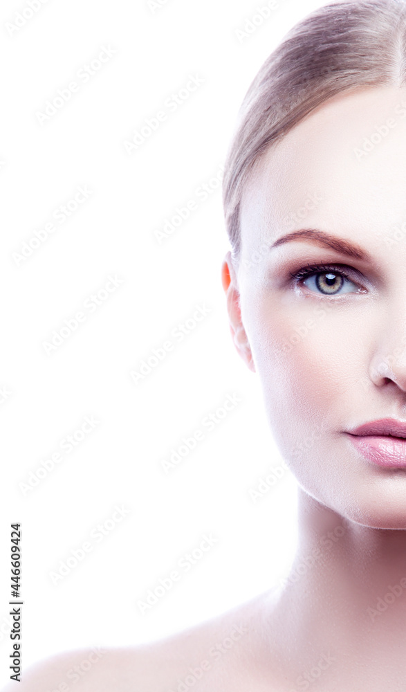 Fototapeta premium Beauty face of woman with healthy skin, no make-up effect. Isolated on white background