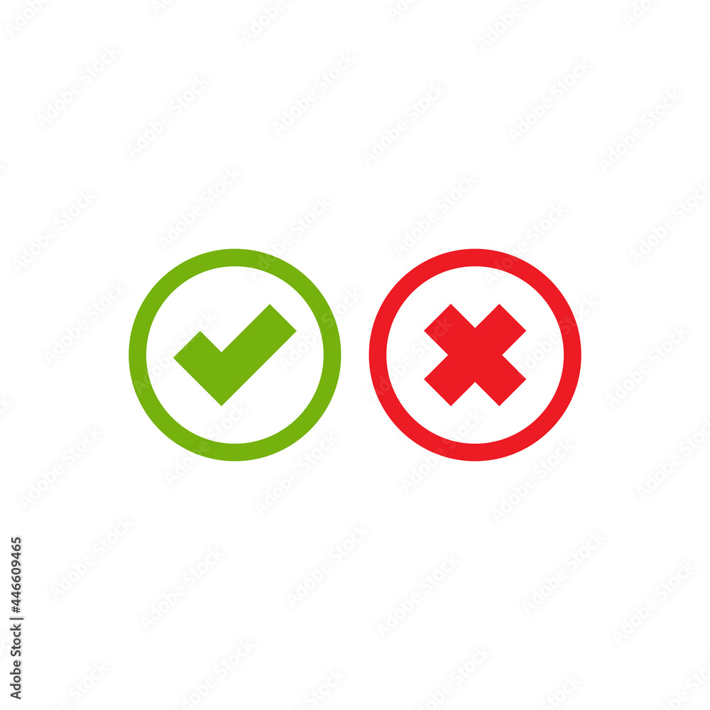 Set of check mark icons. green rounded tick in circle and red cross in circle. Set of check mark icons. green rounded tick in circle and red cross in circle.