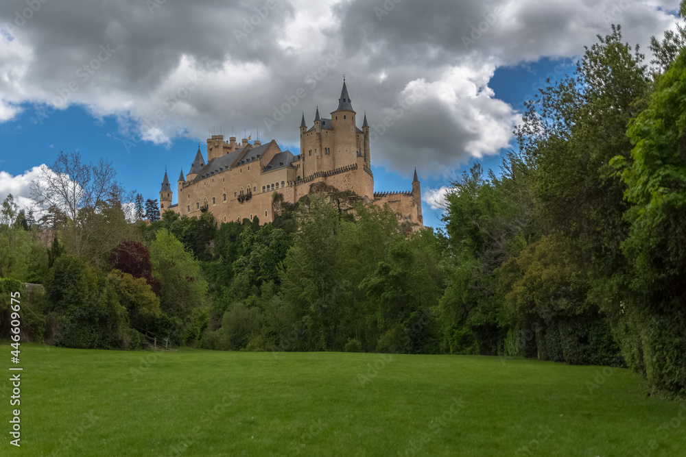 Majestic detailed front view at the iconic spanish medieval castle palace Alcázar of Segovia