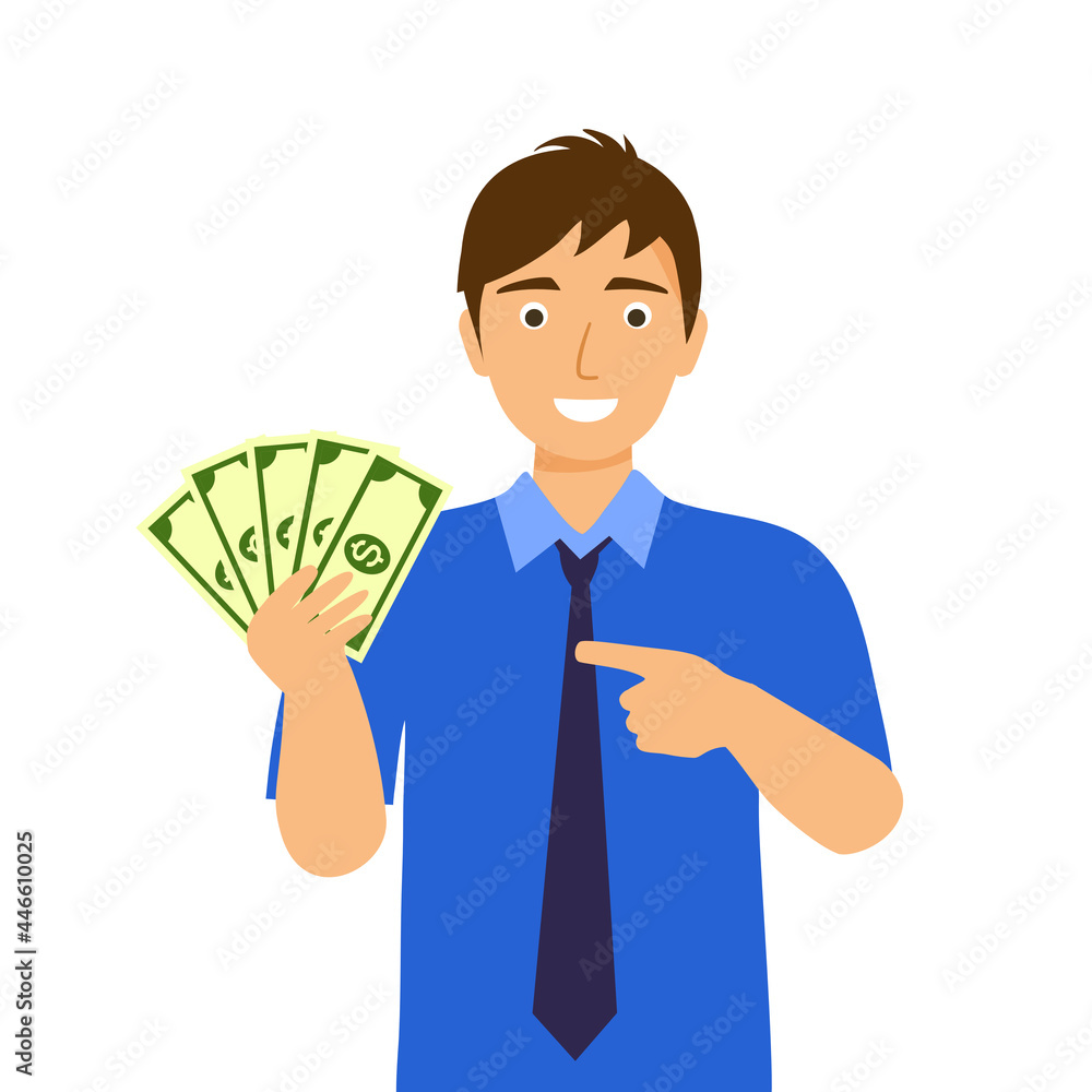 Businessman holding dollar money banknotes in flat design on white background. Guy showing money in his hand. Businessman holding dollar money banknotes in flat design on white background. Guy showing money in his hand.