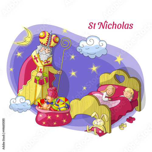 Saint Nicholas with a gift and a staff on a cloud near the bed with sleeping children and a bag with gifts  stars  the moon and the inscription  St Nicholas 