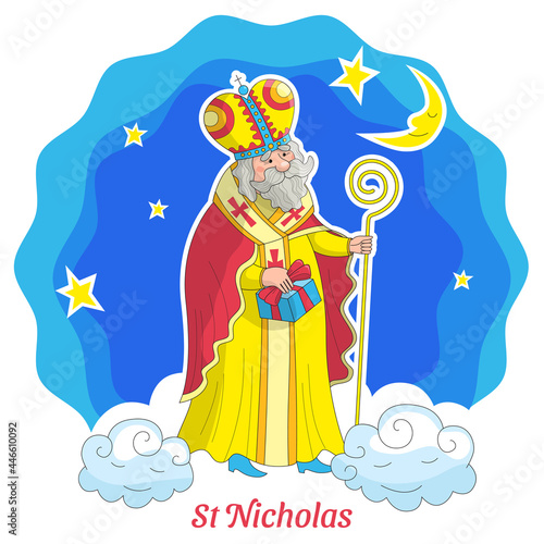Saint Nicholas with a gift and a staff on a cloud on a blue background with stars, the moon and the inscription "St Nicholas"