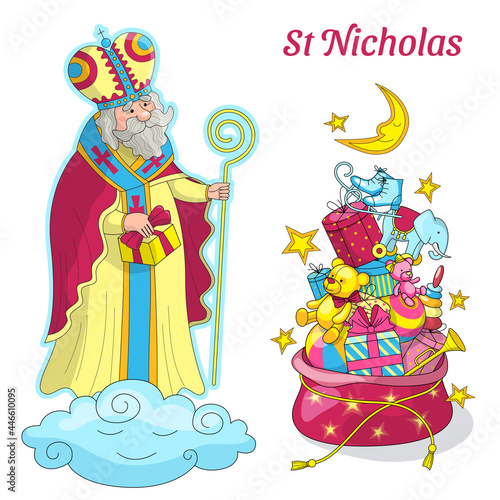 Saint Nicholas with a gift and a staff on a cloud on a white background with gifts in a bag, stars, the moon and the inscription "Saint Nicholas"