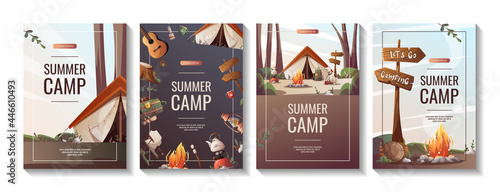 Foto Set of promo flyers for summer camping, traveling, trip, hiking, camper, nature, journey, picnic