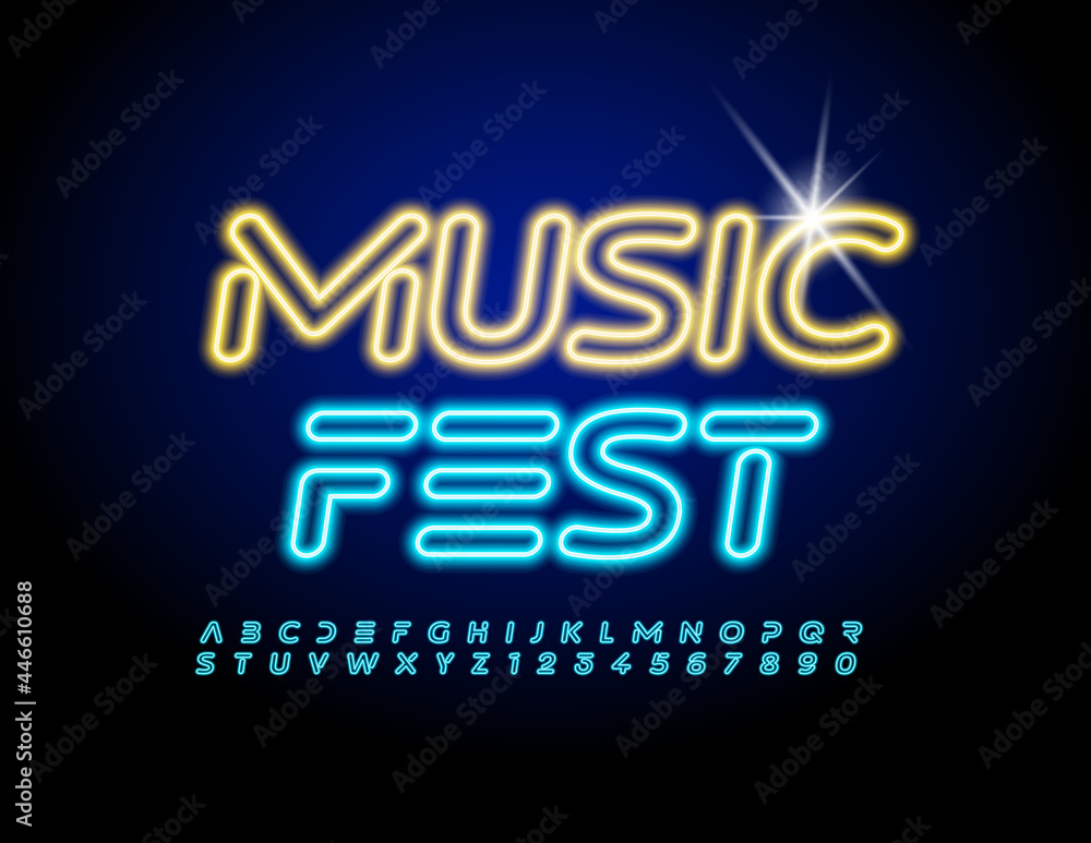 Vector glowing poster Music Fest. Techno style Font. Blue Illuminated Alphabet Letters and Numbers set