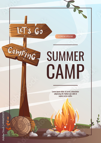 Promo flyer with Campsite with campfire, log and guidepost. Camping, traveling, trip, hiking, camper, nature, journey concept. A4 vector illustration for poster, banner, flyer, advertising, cover.