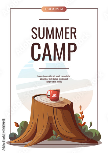 Promo flyer with tree stump and cup. Summer camping, campsite, traveling, trip, hiking, camper, nature, journey concept. A4 vector illustration for poster, banner, flyer, advertising, cover.