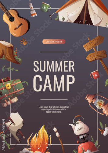 Promo flyer for summer camping, traveling, trip, hiking, camper, nature, journey, picnic. A4 vector illustration for poster, banner, flyer, cover, special offer, advertising.