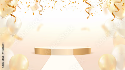 Golden stage podium with falling down colorful confetti and balloons on light background. Fashion mockup pedestal template vector illustration.