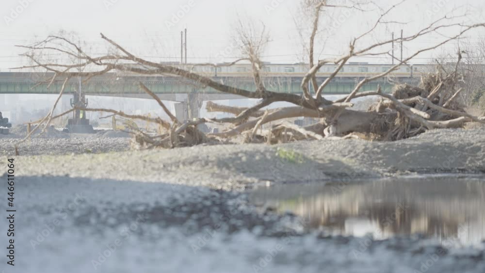 Disasters of climate change hazard, inundation sites, wasteland with drought, nobody is here, trains across the bridge today and global warming continues Disasters of climate change hazard, inundation sites, wasteland with drought, nobody is here, trains across the bridge today and global warming continues