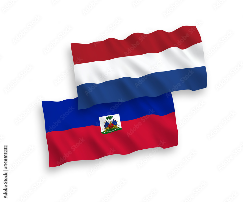 National vector fabric wave flags of Republic of Haiti and Netherlands isolated on white background. 1 to 2 proportion. National vector fabric wave flags of Republic of Haiti and Netherlands isolated on white background. 1 to 2 proportion.