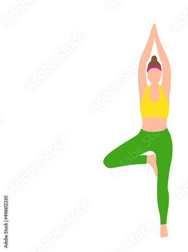 Woman practicing yoga exercises sport isolated vector illustration in flat style with free space for text. Fitness healthy lifestyle