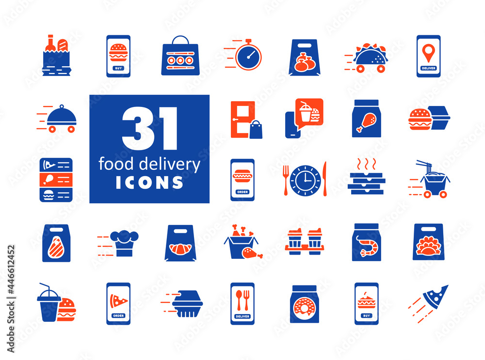 Fast food delivery vector glyph icons set