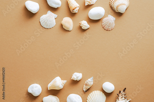 Frame made of seashells on sand color background. Summer, vacation concept. Flat lay, top view, overhead. © photoguns