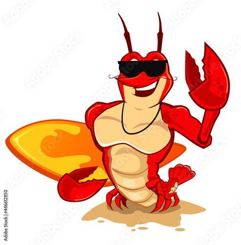 lobster surfer mascot cartoon in vector