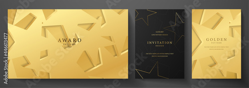 Gold star invitation, cover design set. Luxury starry pattern on black background. Premium horizontal, vertical vector template for holiday invitation, golden ticket, birthday party, gift certificate
