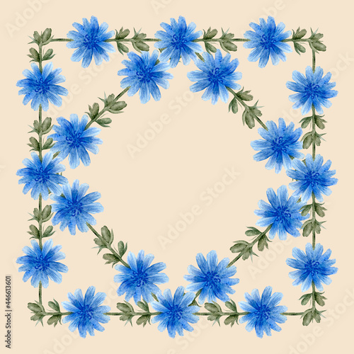 Watercolor chicory frame on a square beige background. Floral ornament in vintage style. Hand-drawn blue flowers. Elegant save the date wreath  greeting card  embroidery template  patchwork design