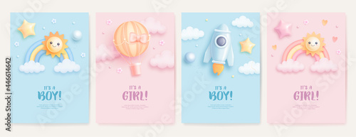 Set of baby shower invitation with cartoon rainbow, sun, rocket and hot air balloon on blue and pink background. It's a boy. It's a girl. Vector illustration