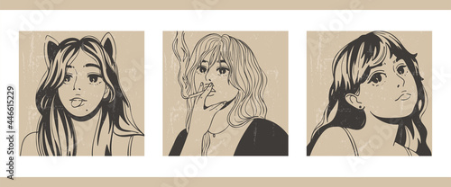 Fashionable image of a girl. Hand-drawn young beautiful woman. Set of three minimalistic Asian cartoon style posters with female portraits. People close-up. Illustrations for social networks.