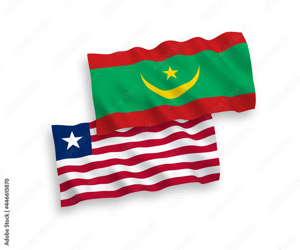 National vector fabric wave flags of Islamic Republic of Mauritania and Liberia isolated on white background. 1 to 2 proportion. National vector fabric wave flags of Islamic Republic of Mauritania and Liberia isolated on white background. 1 to 2 proportion.