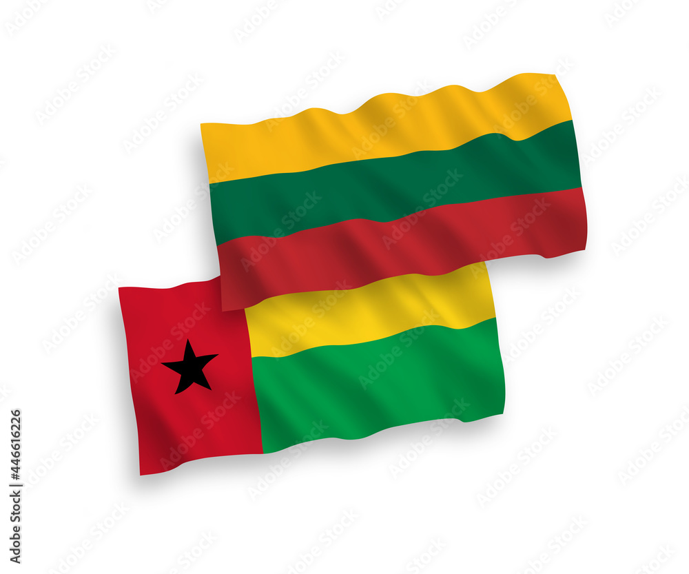 Obraz premium National vector fabric wave flags of Lithuania and Republic of Guinea Bissau isolated on white background. 1 to 2 proportion.