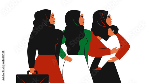 Muslim mother with child, Arabian businesswomen in hijab stands together. Emirati Women's day greeting card. Vector illustration. Holiday concept
