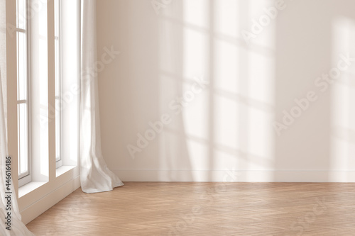 3D rendering of white empty room with wooden floor and sun light cast shadow on the wall. 