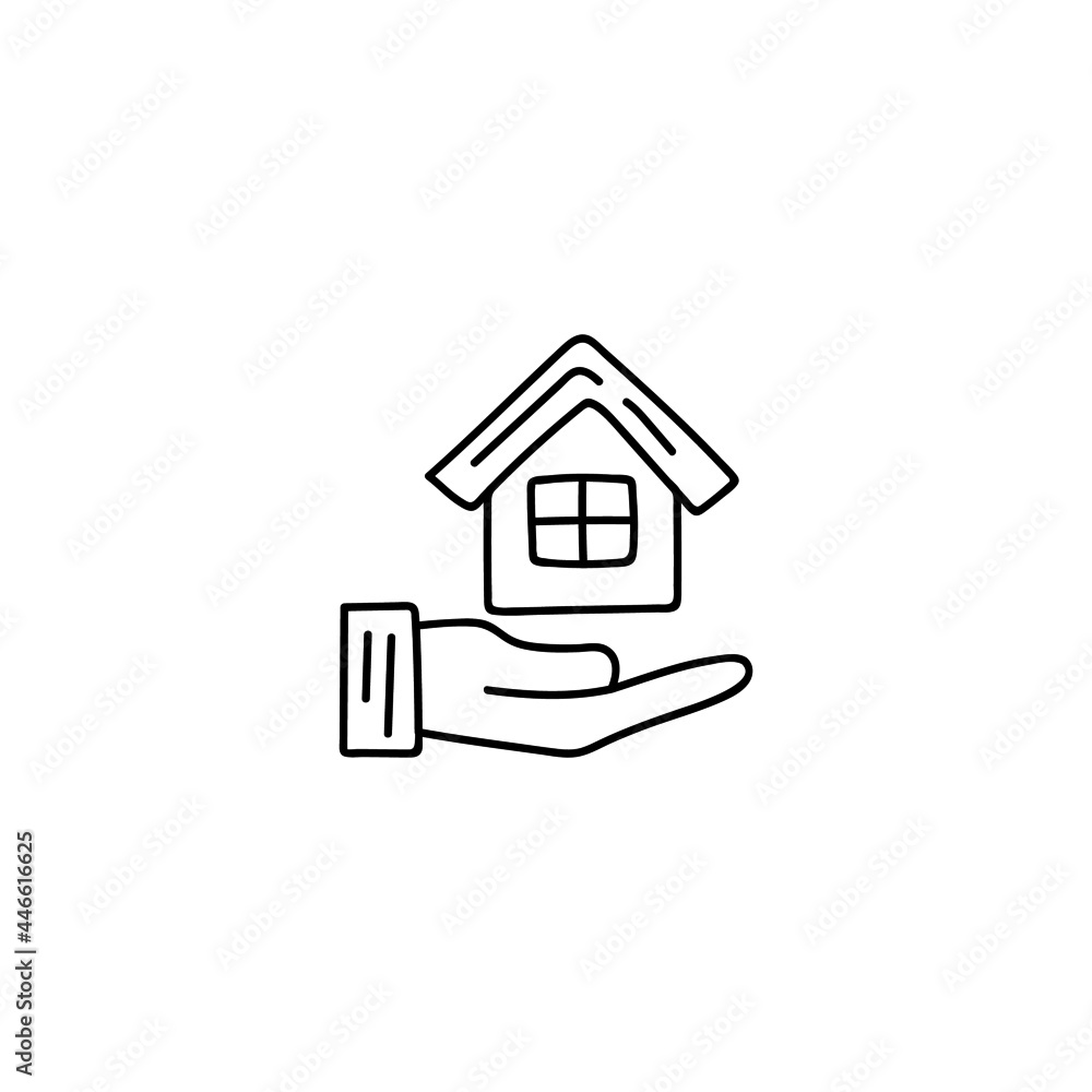 Real estate, house insurance in flat black line style, isolated on white background 
