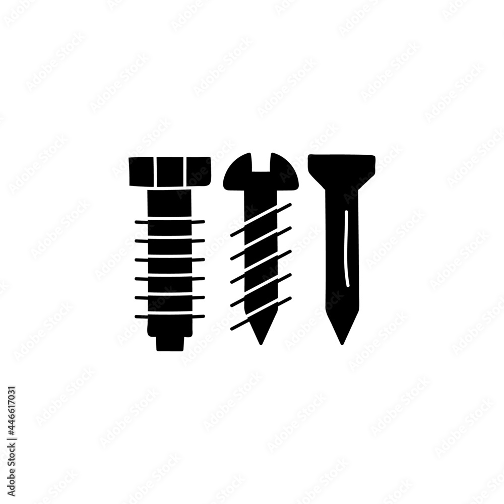 Bolt, nail, nut, rivet, screw icon in solid black flat shape glyph icon, isolated on white background Bolt, nail, nut, rivet, screw icon in solid black flat shape glyph icon, isolated on white background