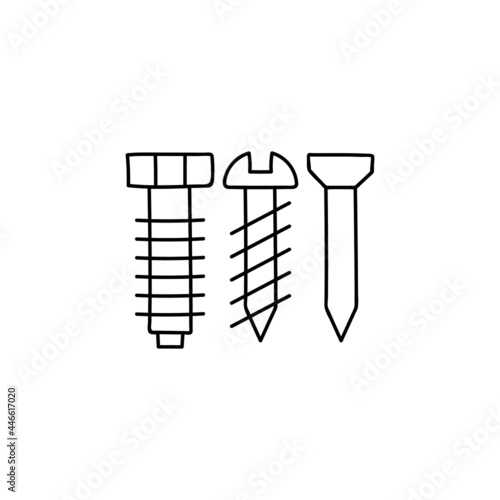 Bolt, nail, nut, rivet, screw icon in flat black line style, isolated on white background 