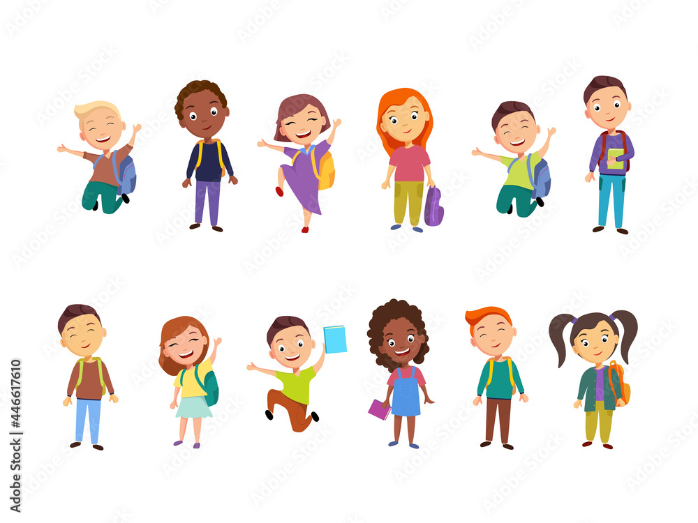 A large set, a group of happy children of different nationalities in different poses with books and backpacks go to school. illustration in a cartoon flat style.
