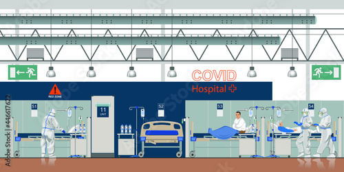 Covid hospital with intensive care units. Admissions to intensive care due to Covid-19. Proffessional doctors and nurses work in a hospital ward in protective suits.
