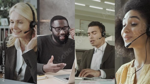 Call Center Support staff Collage. Workers with headsets in the process of customer service online