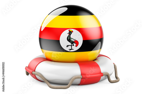 Lifebelt with Ugandan flag. Safe, help and protect of Uganda concept. 3D rendering