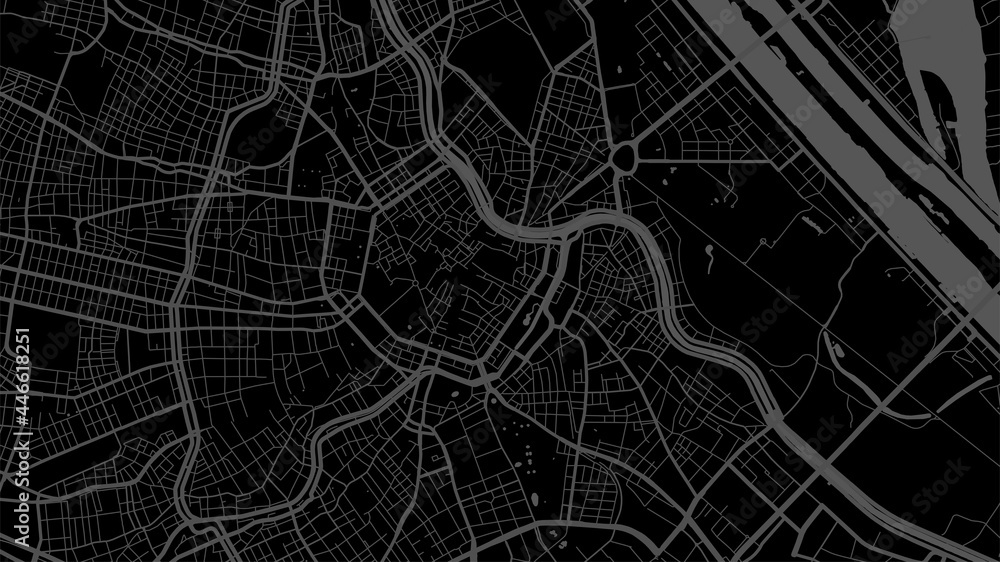Dark black Vienna City area vector background map, streets and water cartography illustration.