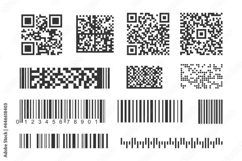 Fototapeta premium Barcodes and QR codes. Identification codes for tracking goods, scan data. Vector illustration isolated on white background