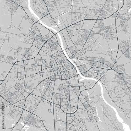 Urban city map of Warsaw. Vector poster. Black grayscale street map.