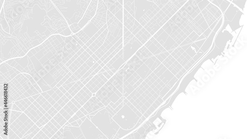 White and light grey Barcelona City area vector background map, streets and water cartography illustration.
