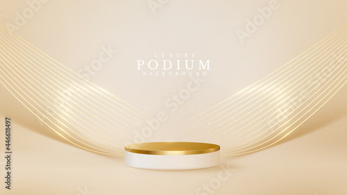 Realistic white product podium showcase with line golden wave on back. Luxury 3d style background concept. Vector illustration for promoting sales and marketing.