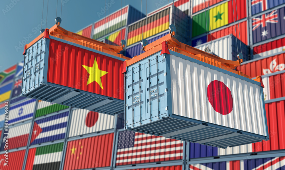 Freight containers with Vietnam and Japan flag. 3D Rendering Freight containers with Vietnam and Japan flag. 3D Rendering