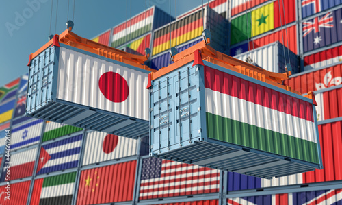 Freight containers with Hungary and Japan flag. 3D Rendering 