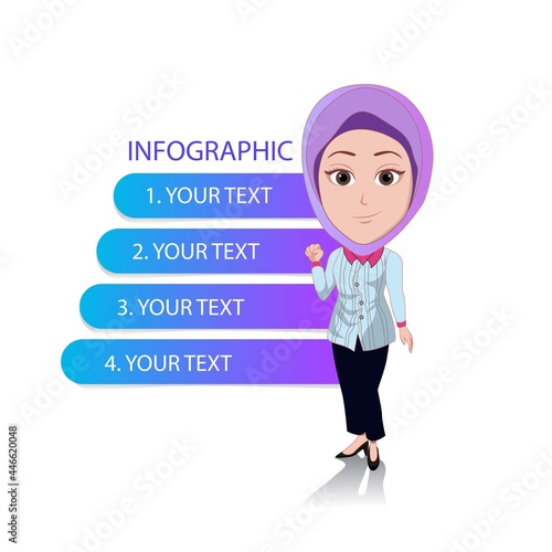 Cartoon caricature teacher in modern hijab with infographic 