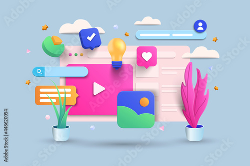 Digital Screen 3D Illustration, Video player, gallery, development, seo analysis concept with floating elements. Development banner design with 3d rendering. Vector Illustration.