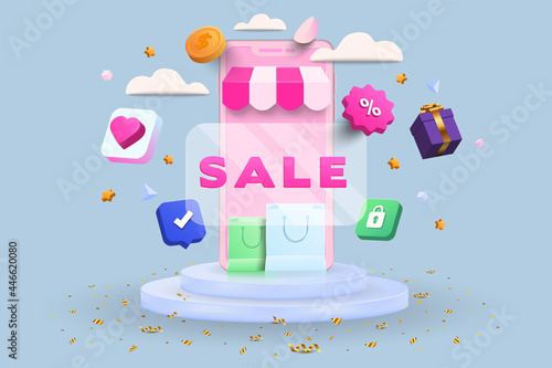 Online shopping 3D Illustration, online shop, online payment concept with floating elements. Discount banner design with 3d rendering. Vector Illustration