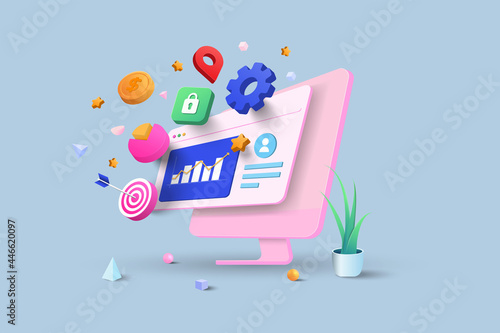 SEO Optimization, web analytics and seo marketing social media concept. 3d vector illustration