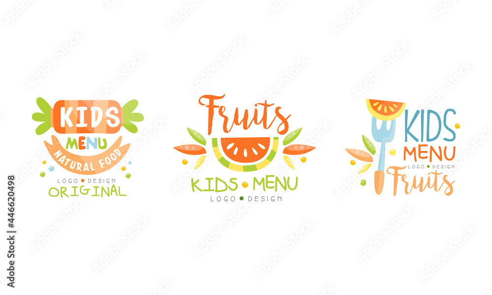 Φωτογραφία Kids Natural Food Original Logo Set, Organic Fruits Menu Labels Hand Drawn Vecto